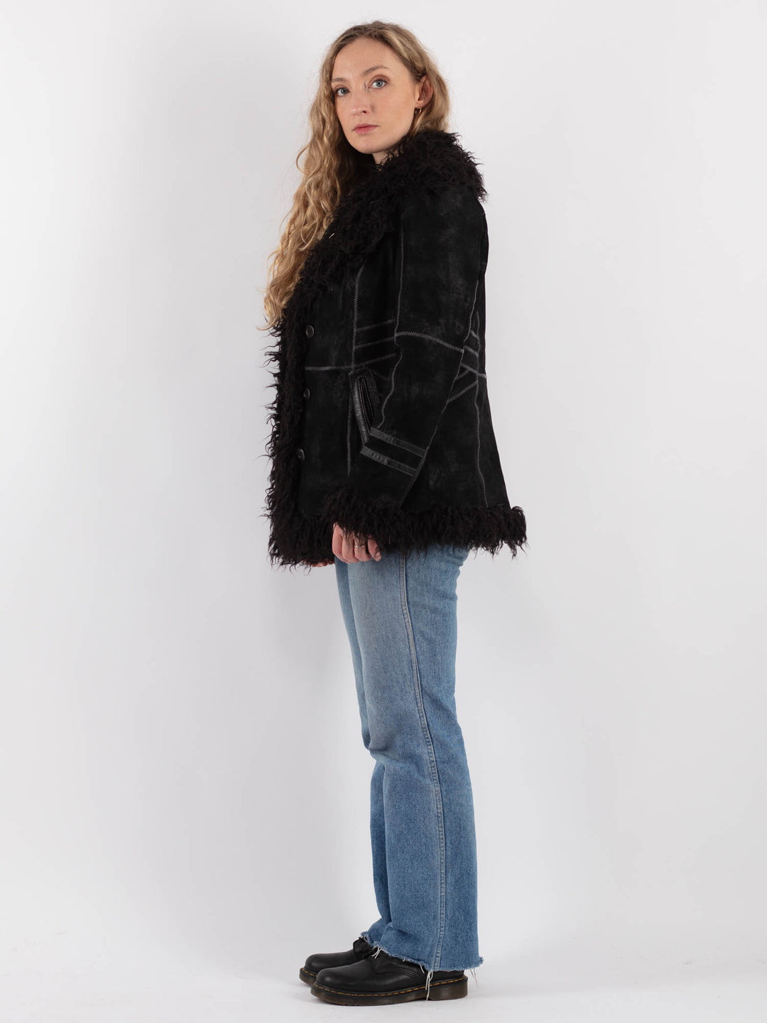 Vintage 90's Women Suede Sherpa Jacket in Black