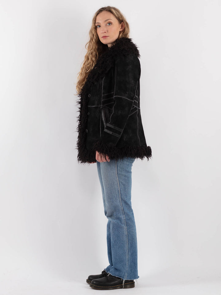 Vintage 90's Women Suede Sherpa Jacket in Black