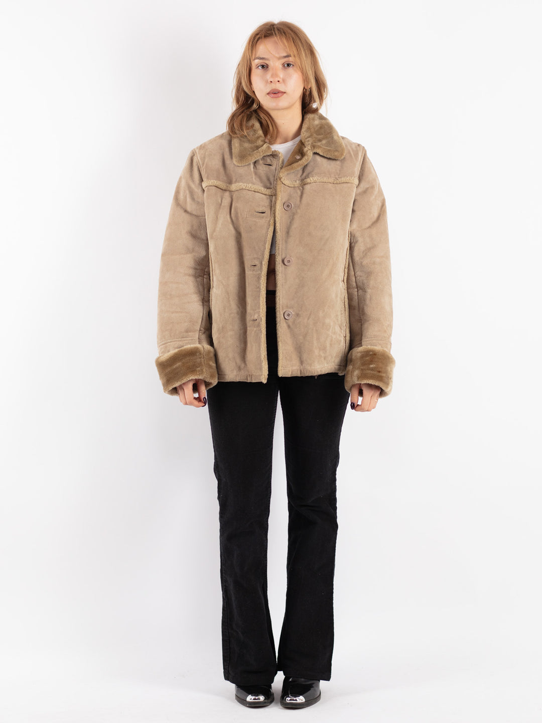 Vintage 90's Women Suede Sherpa Jacket in Beige