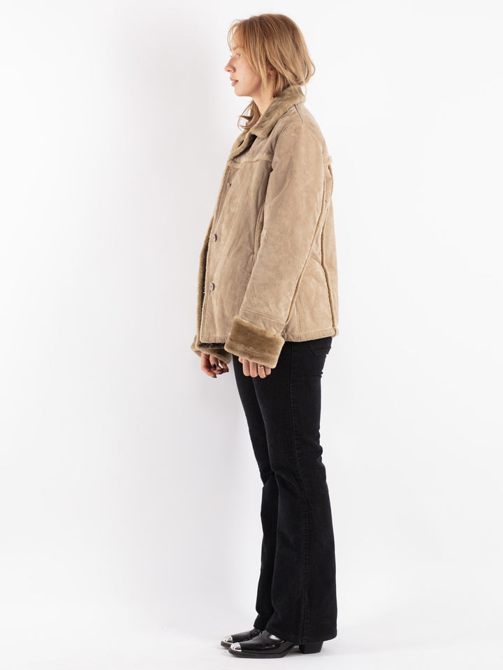 Vintage 90's Women Suede Sherpa Jacket in Beige