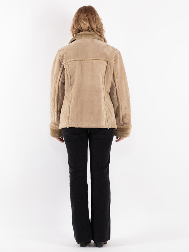 Vintage 90's Women Suede Sherpa Jacket in Beige