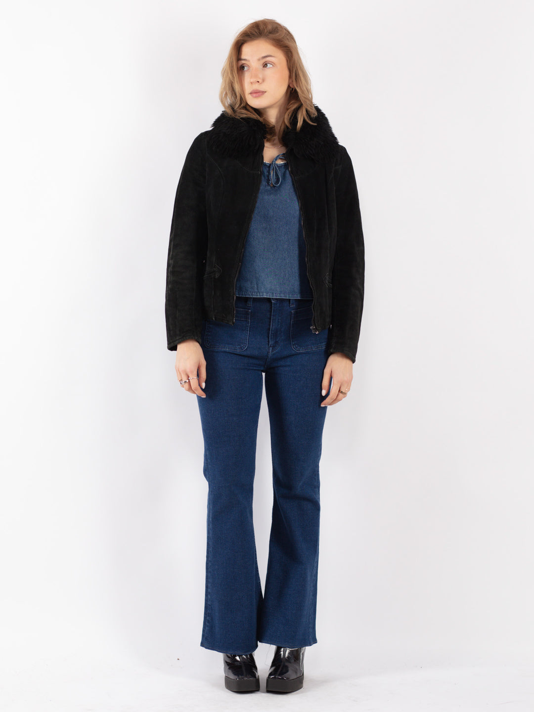 Vintage 90's Women Suede Sherpa Jacket in Black