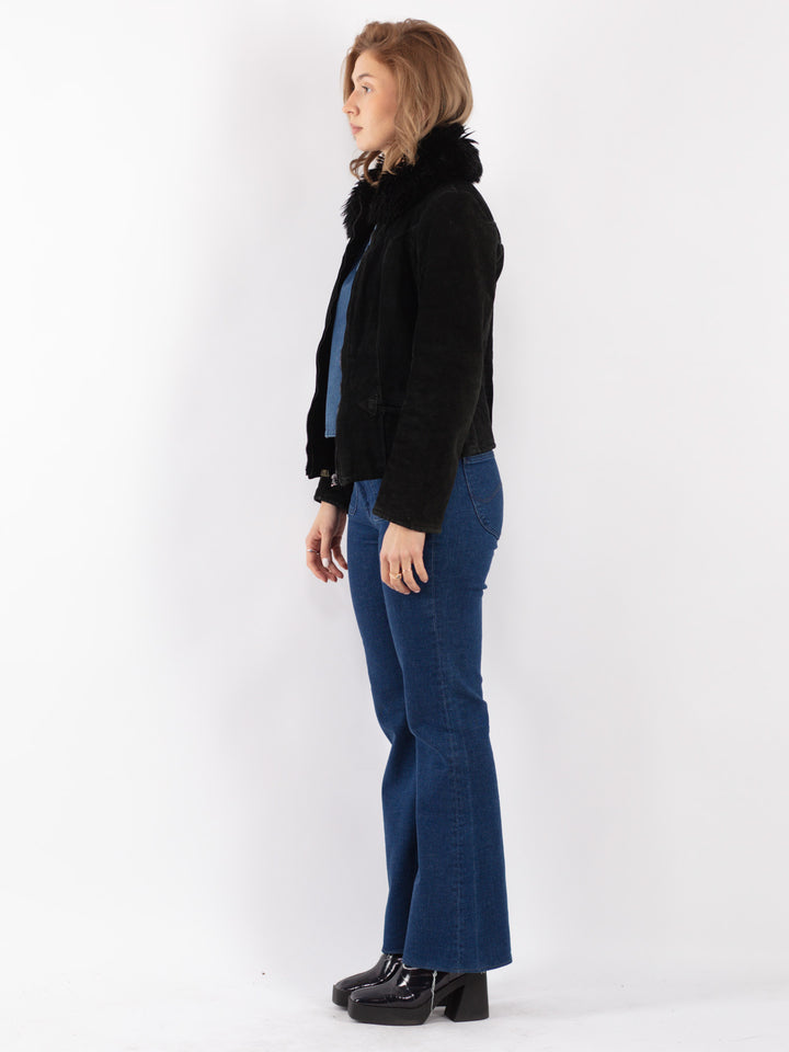 Vintage 90's Women Suede Sherpa Jacket in Black