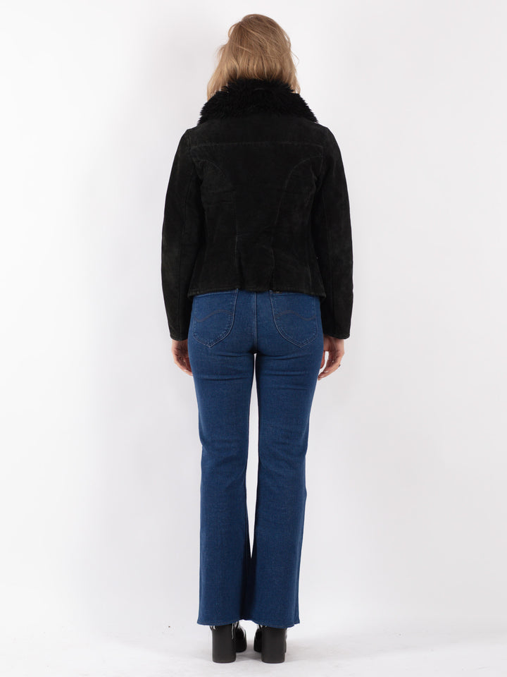 Vintage 90's Women Suede Sherpa Jacket in Black