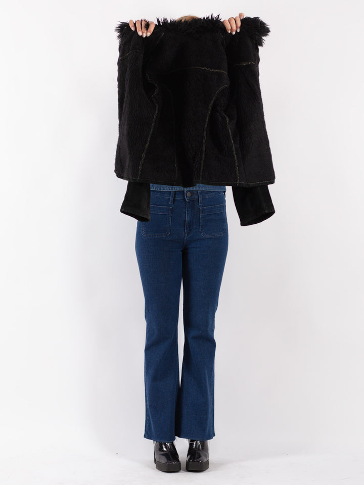 Vintage 90's Women Suede Sherpa Jacket in Black