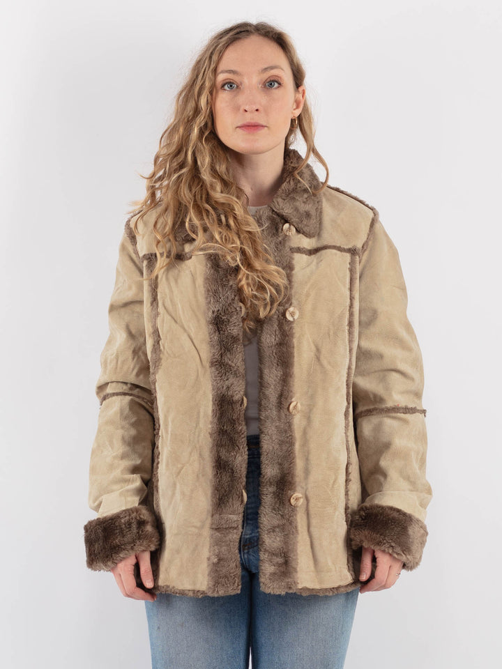 Vintage 90's Women Suede Sherpa Jacket in Beige