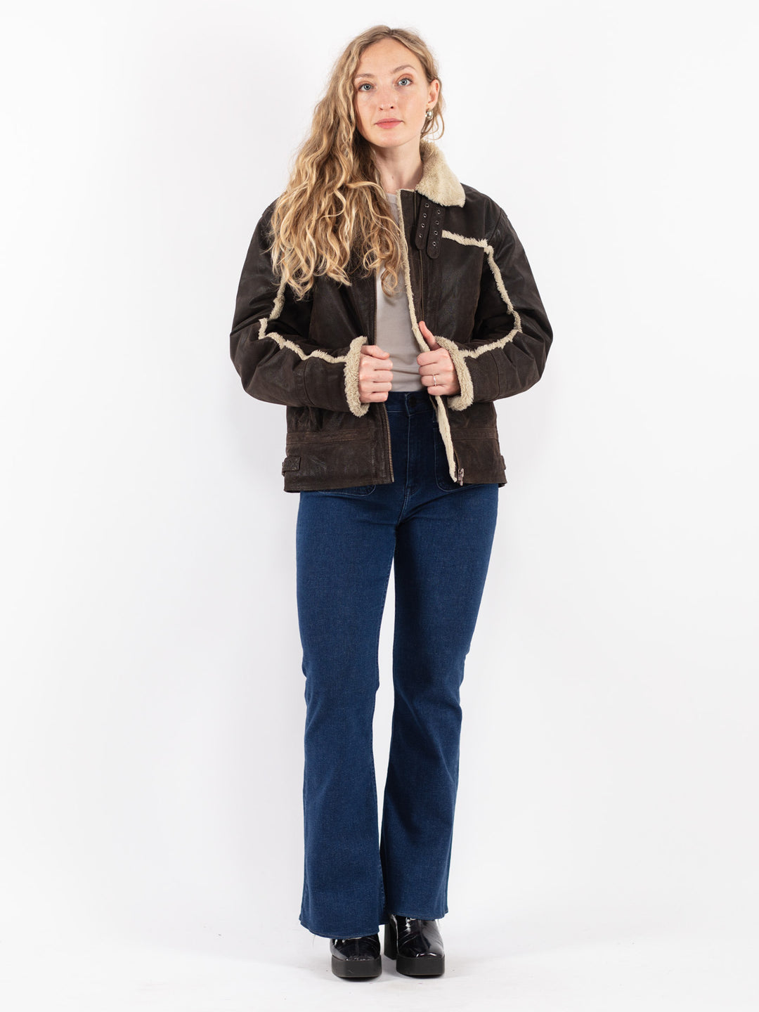 Vintage 90's Women Suede Sherpa Jacket in Brown