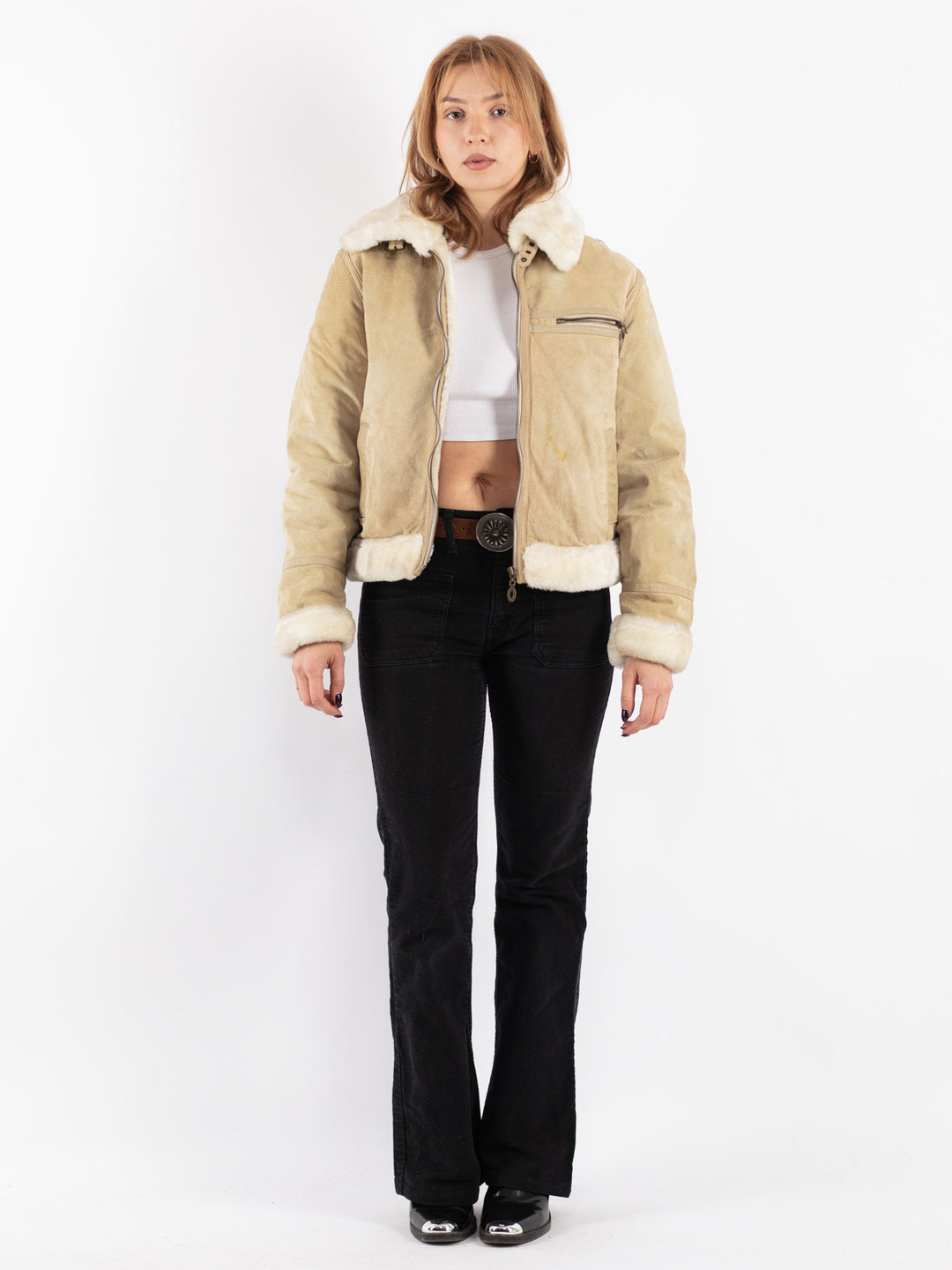 Vintage 90's Women Suede Sherpa Vest in Beige