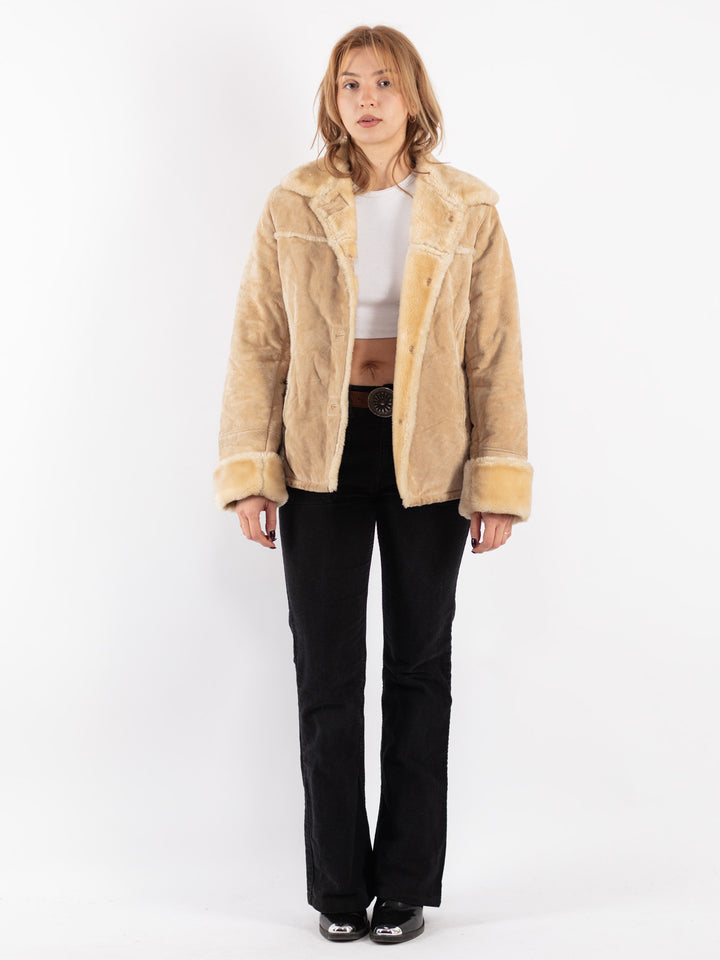 Vintage 90's Women Suede Sherpa Jacket in Beige