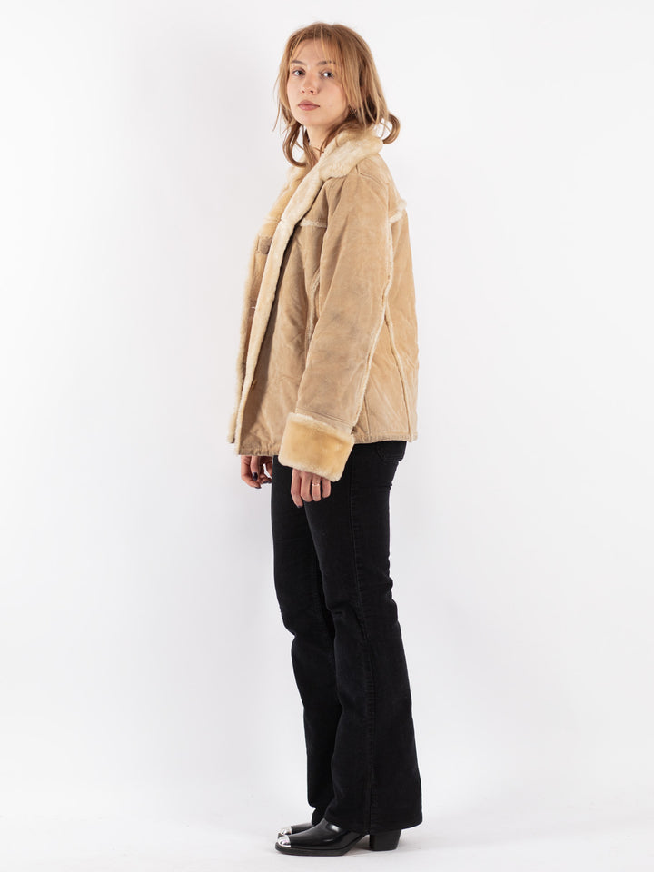 Vintage 90's Women Suede Sherpa Jacket in Beige