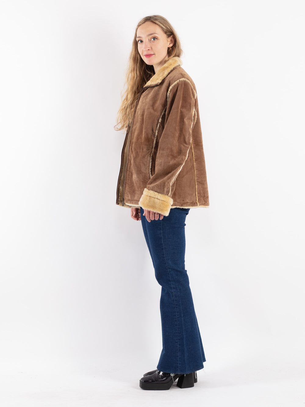 Vintage 90's Women Suede Sherpa Jacket in Brown