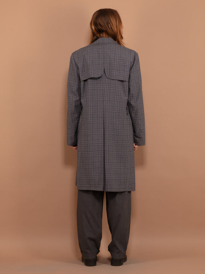 90's Trench Coat, Size M Gray Trency Overcoat, Double Breasted Spring Coat, Plaid Office Trench Coat, Lightweight Spring Coat, 90s Outerwear