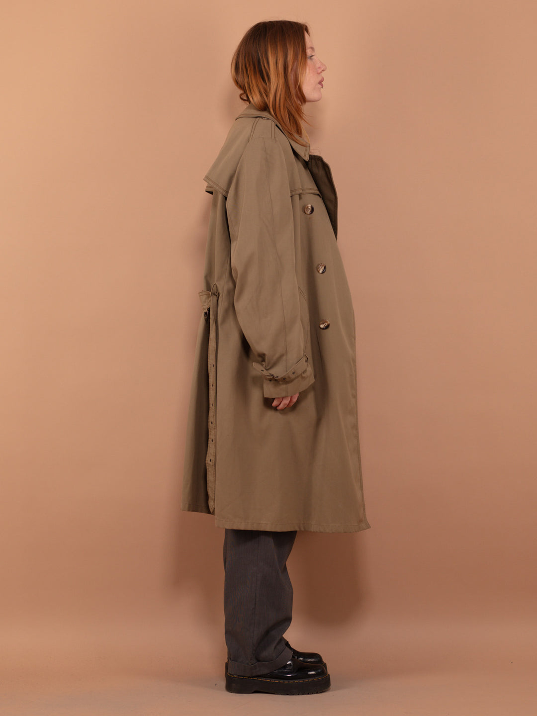 Vintage Trench Coat 90's, Size XL Khaki Trench Coat, Double Breasted Coat, Office Trench Coat, Commuter Trench Coat, Minimalist Outerwear
