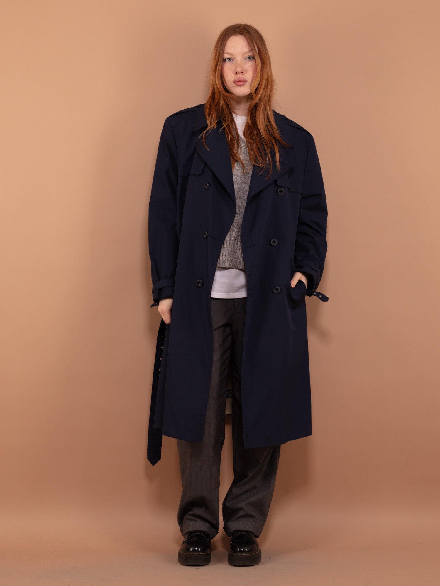 Vintage 90s shops Karizma Navy Blue Wool Trench Coat