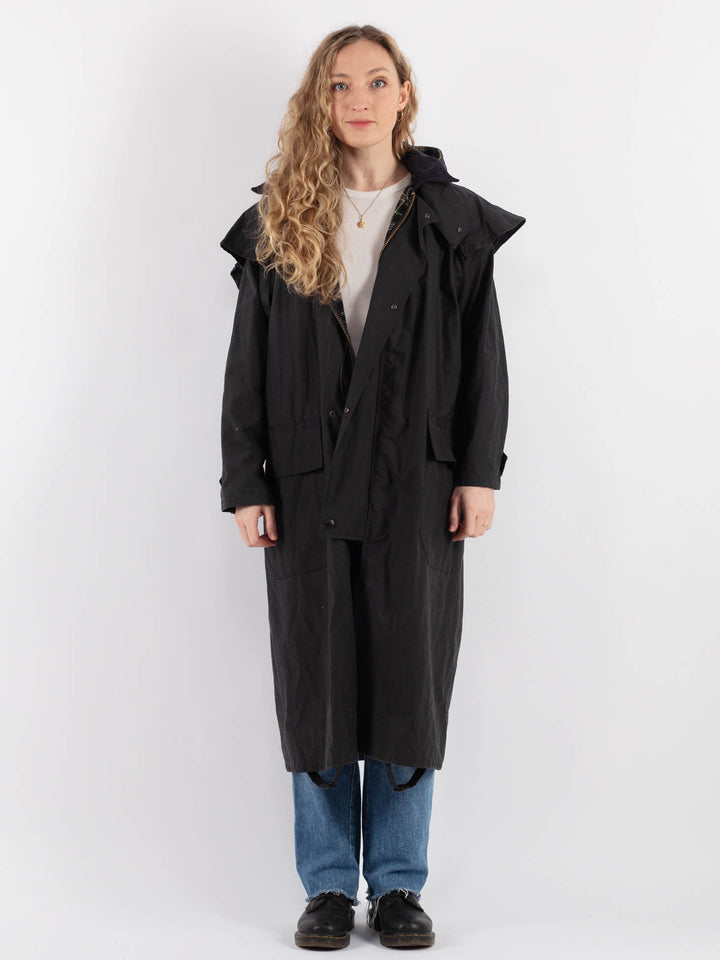 Vintage 90's Women Hooded Waxed Cotton Coat in Dark Blue - NorthernGrip
