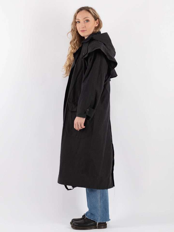 Vintage 90's Women Hooded Waxed Cotton Coat in Dark Blue - NorthernGrip