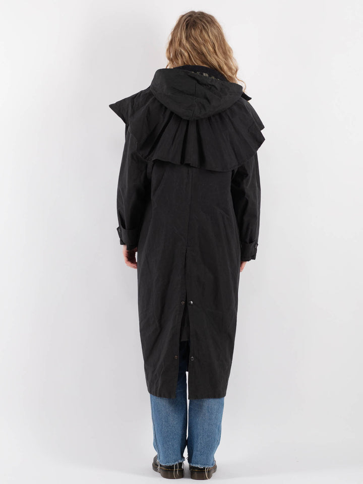 Vintage 90's Women Hooded Waxed Cotton Coat in Dark Blue - NorthernGrip