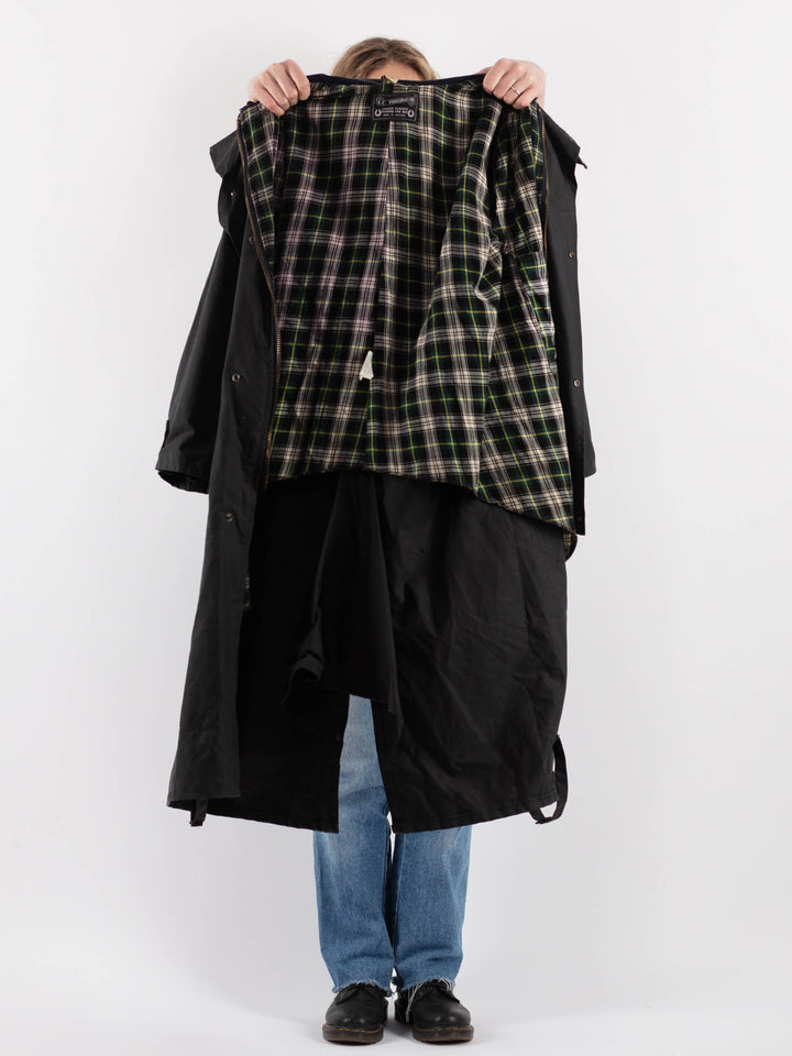 Vintage 90's Women Hooded Waxed Cotton Coat in Dark Blue - NorthernGrip