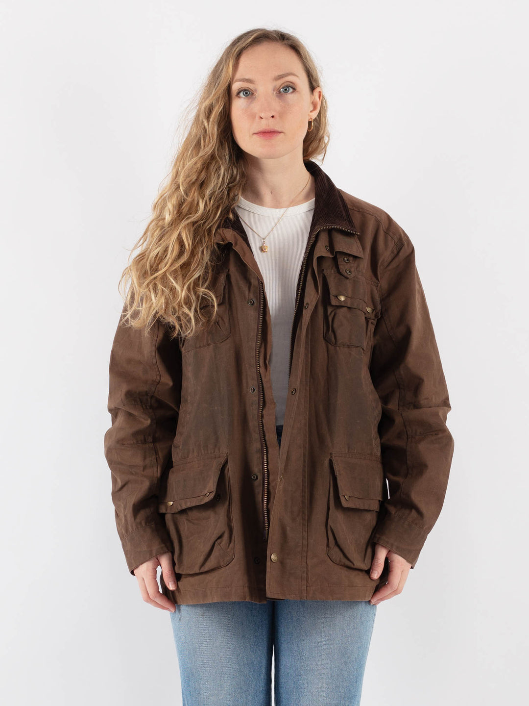 Vintage 90's Women Waxed Cotton Jacket in Brown V9389