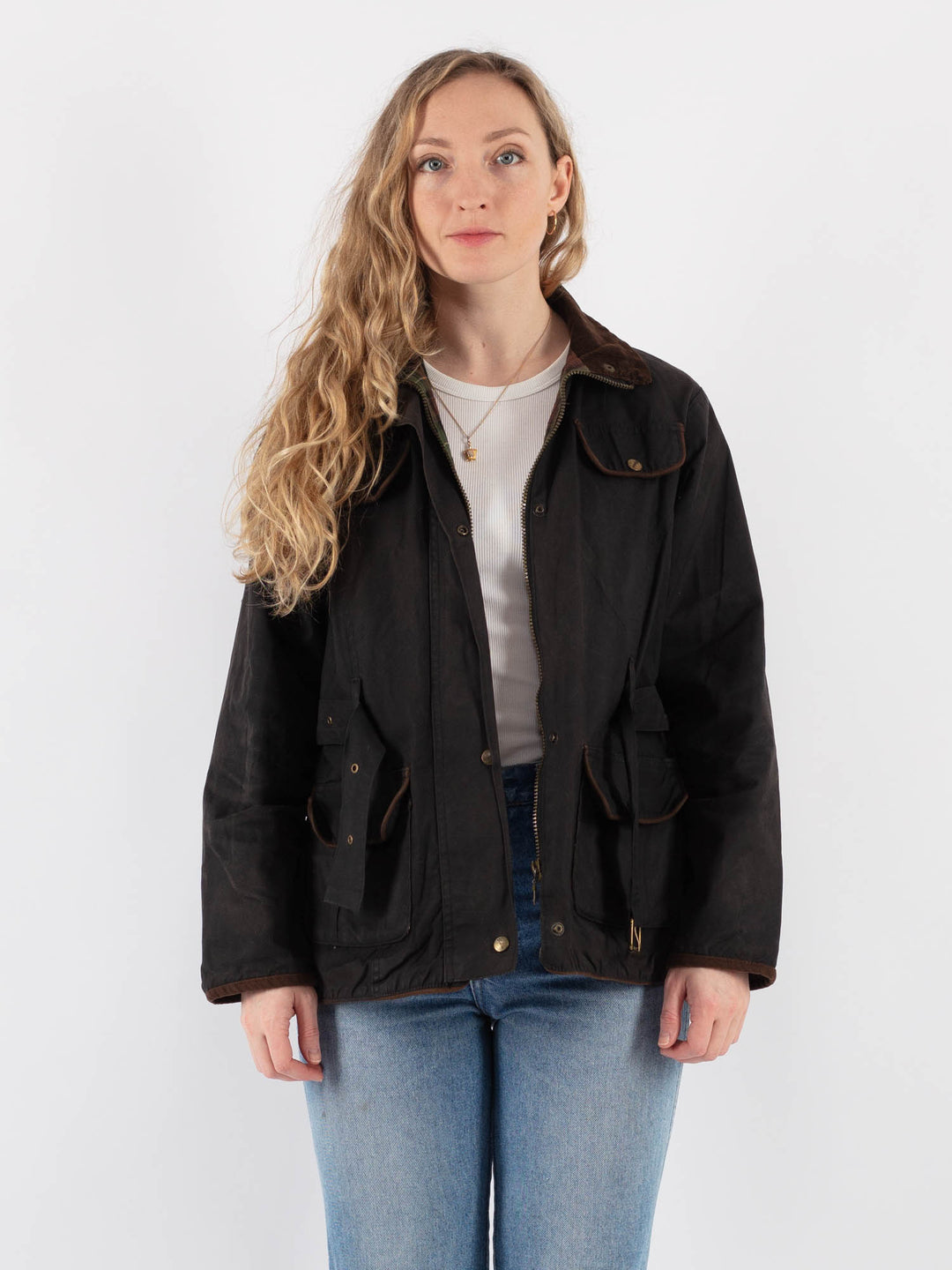 Vintage 90's Women Waxed Cotton Jacket in Black V9392