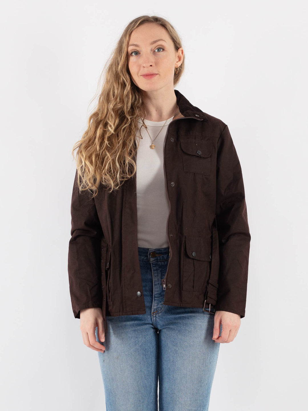 Vintage 90's Women Waxed Cotton Jacket in Brown V9396