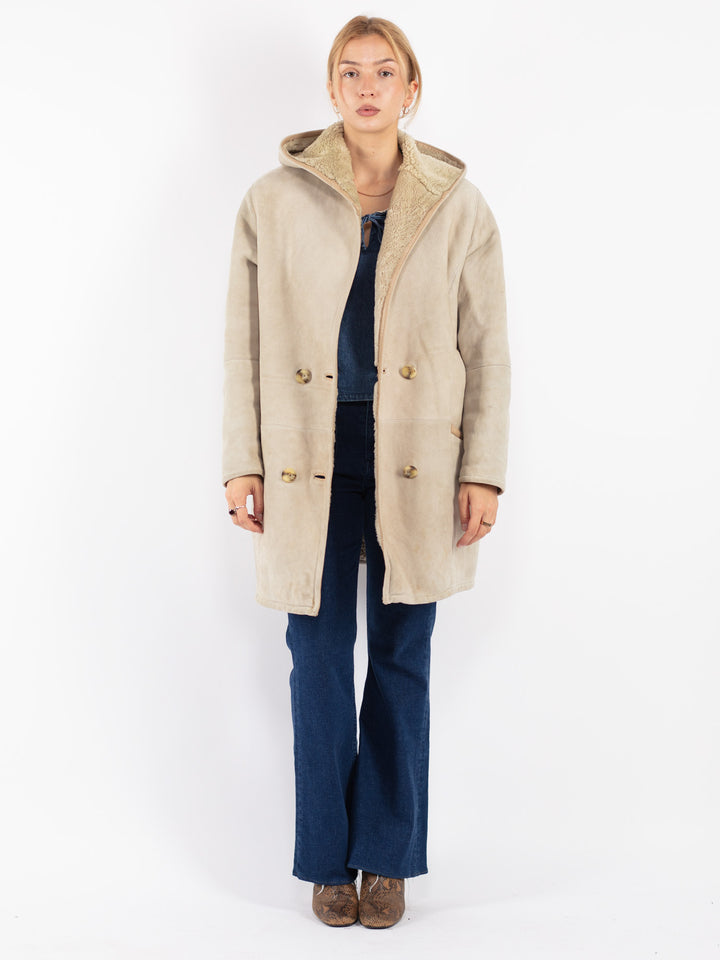 Vintage 90's Women Sheepskin Coat in Beige