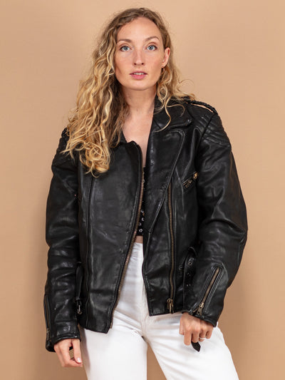 Moto Leather Jacket 70s, Size Medium M Women Moto Jacket, Vintage Biker Leather Jacket, Grunge Leather Racing Jacket, Biker Outerwear