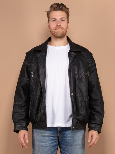 80's Leather Bomber Jacket, Vintage Mens Racing Jacket Large XL, Motorcycle Jacket, Black Leather Jacket, Biker Jacket, Second Hand Jacket