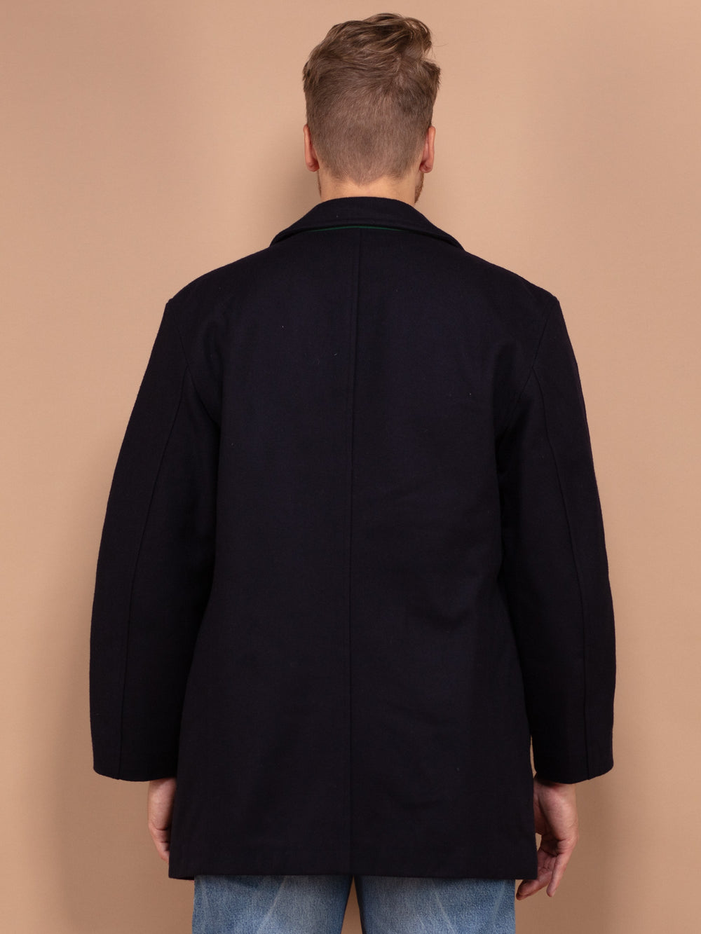 Vintage 80's Men Wool Blend Peacoat in Navy Blue - NorthernGrip