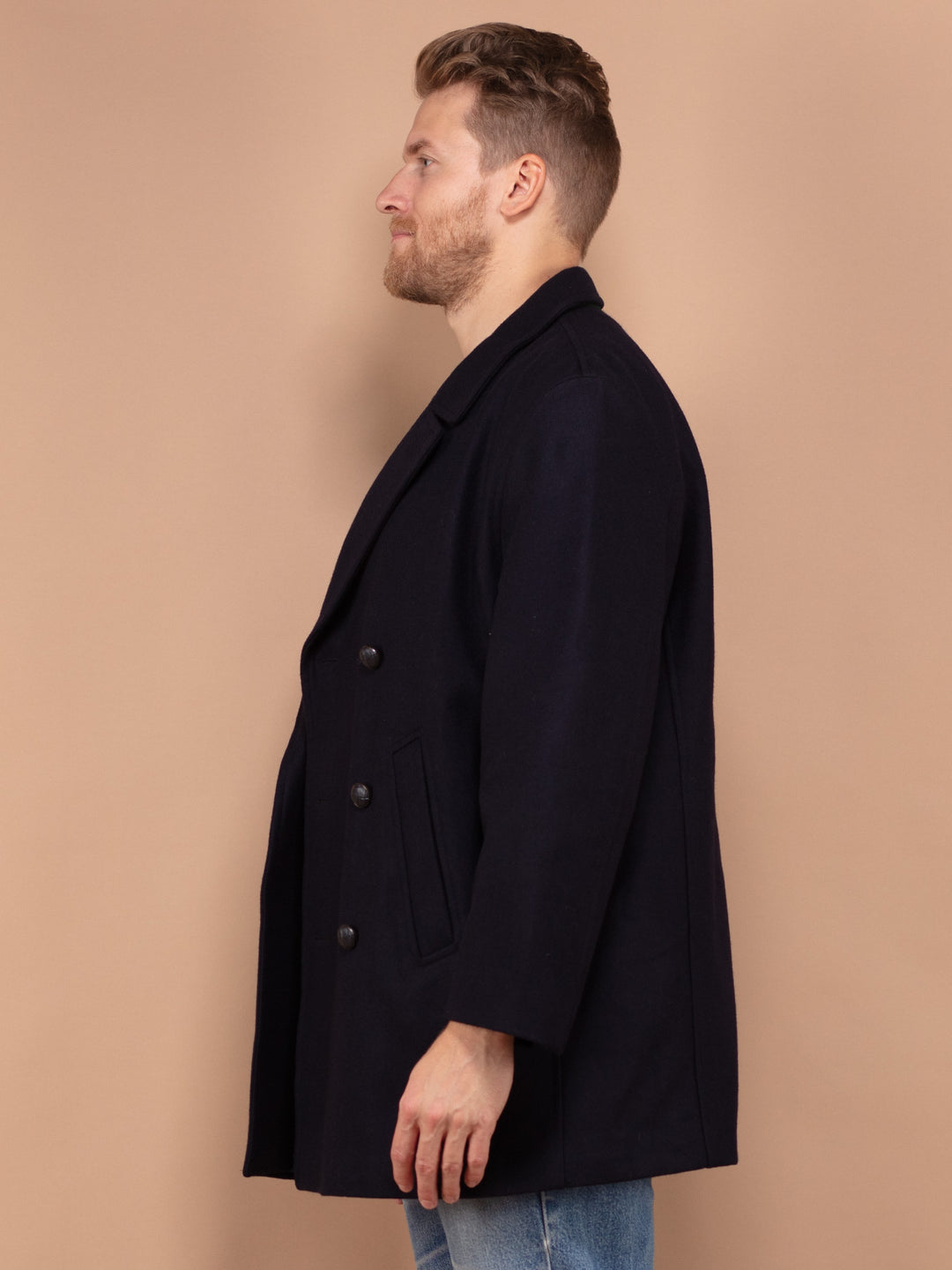 Men Wool Peacoat, 80's Classic Wool Coat Size L, Double Breasted Wool Coat, Vintage Clothing, Navy Blue Wool Mens Coat, Men Clothing, L Coat