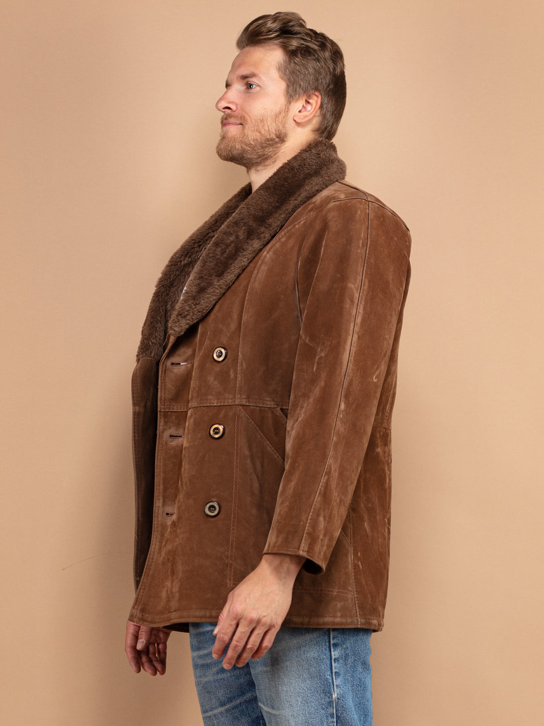 Faux Sheepskin Coat, Vintage Suede Coat Medium M, Western Cowboy Outerwear, Vintage Clothing, Retro Suede Coat, Brown Sherpa Coat 80's