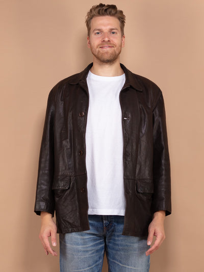 Men Leather Jacket 90's, Size Medium M, Brown Leather Jacket, Classic Leather Blazer, Retro Leather Jacket, Timeless Men 80s Outerwear