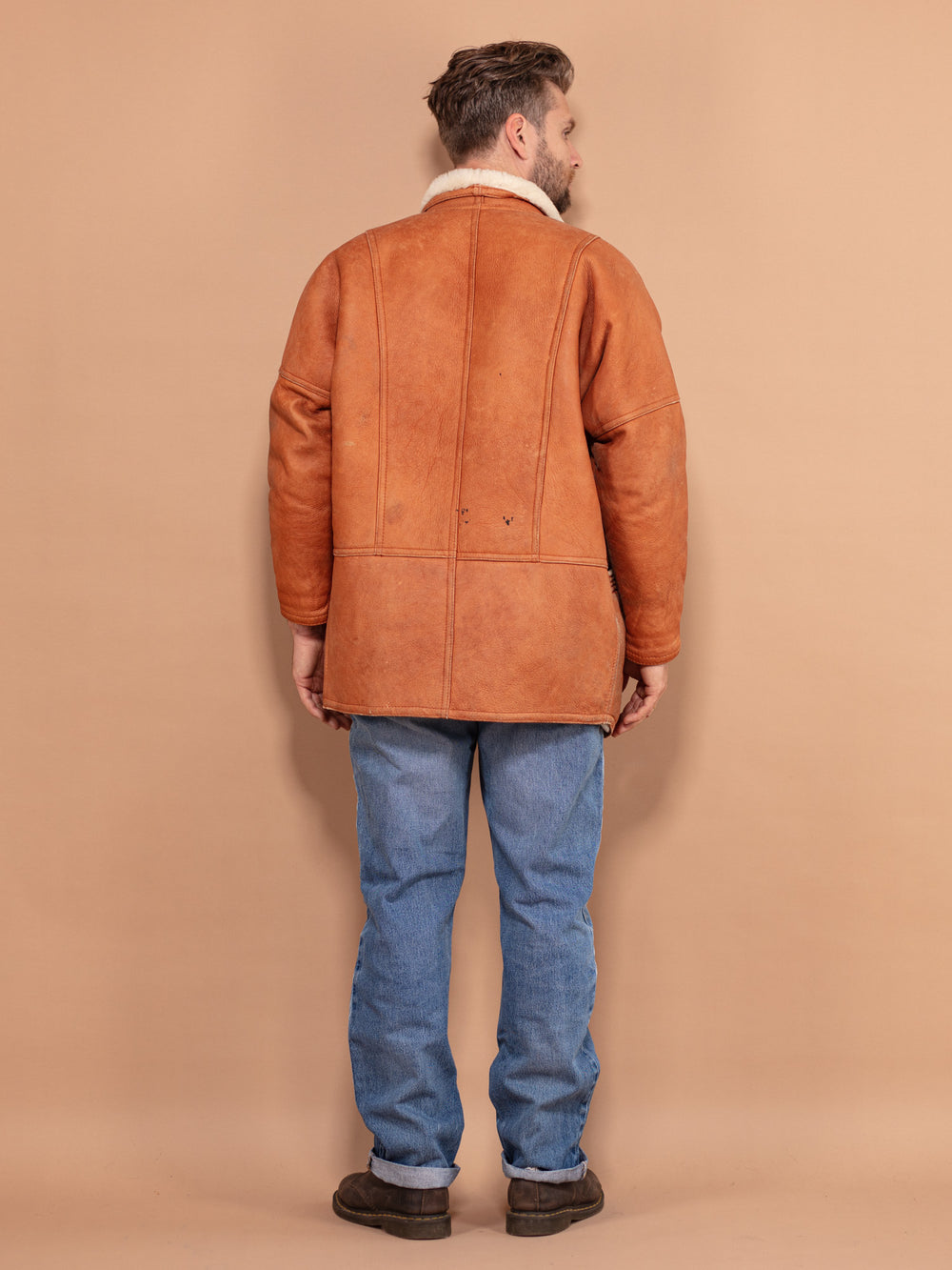Vintage 80's Men Sheepskin Leather Coat in Brown - NorthernGrip