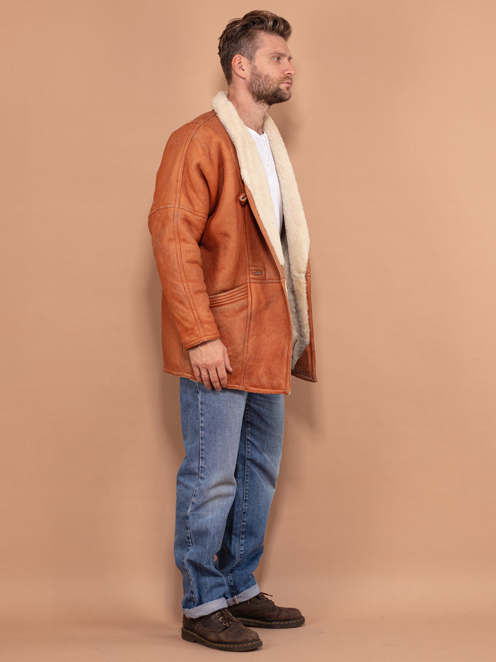 Sheepskin Coat Classic Men Large L, Sheepskin Leather Coat, Western Coat, Sustainable Clothing, Vintage 80s Coat Men, Warm Winter Outerwear