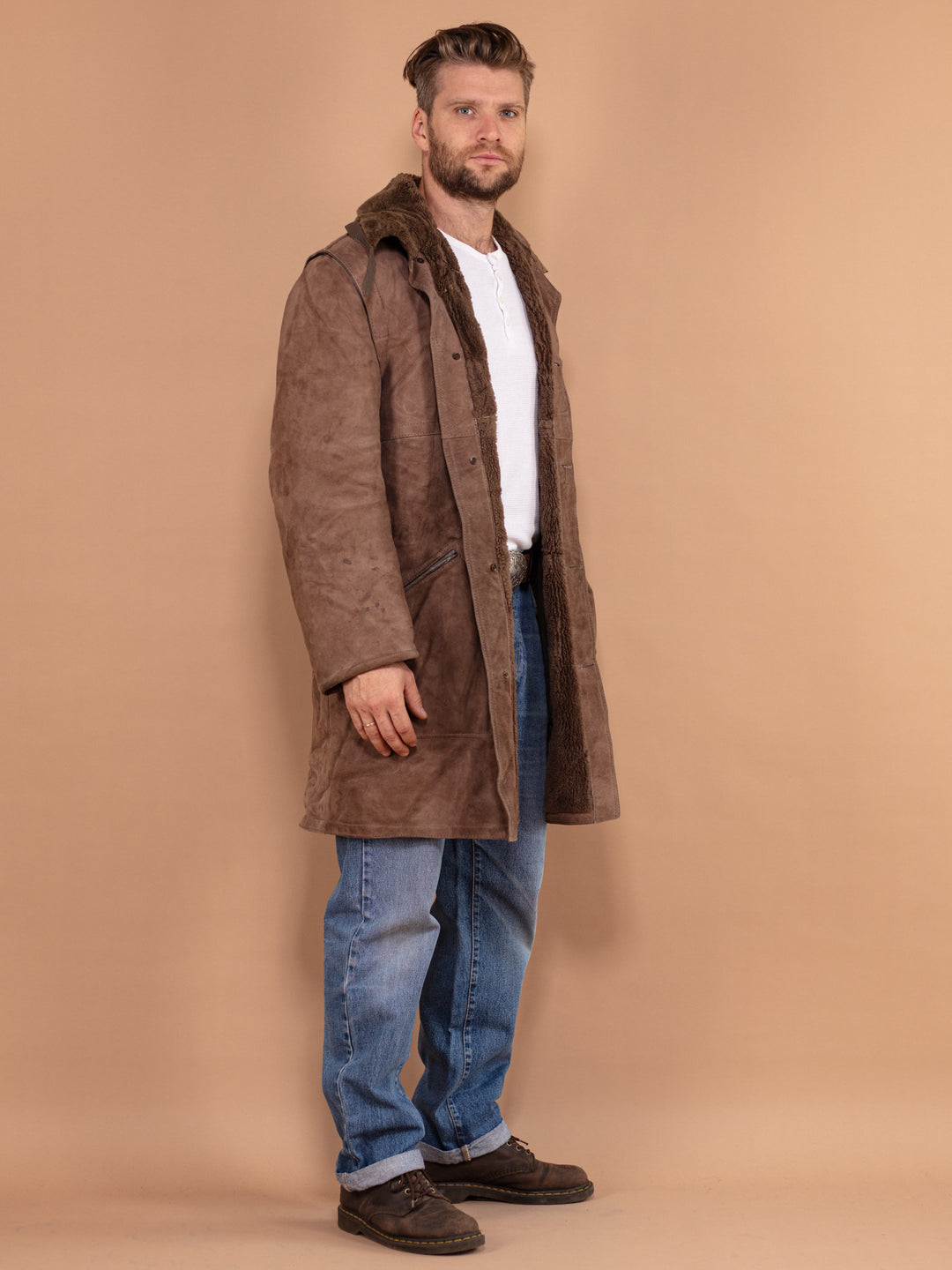 Men Sheepskin Coat, Size Large L, Shearling Coat Men, 70s Vintage Coat, Winter Clothing, Brown Suede Coat, Vintage Overcoat, Made in France