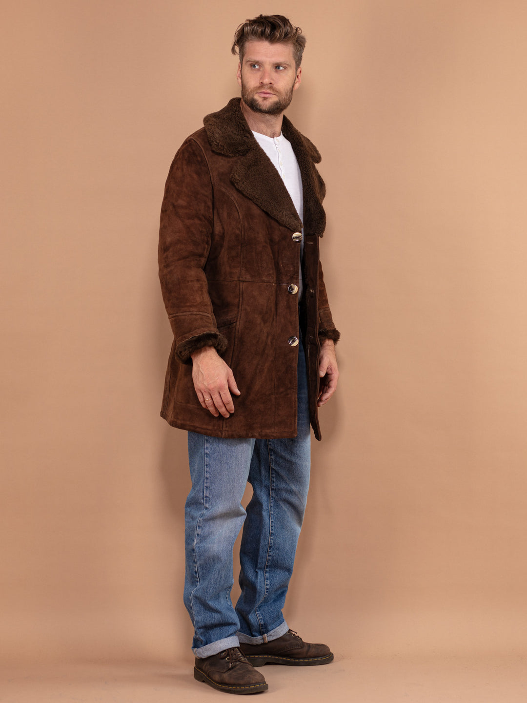 Men Sheepskin Coat, Size Medium M, Shearling Coat Men, 70s Vintage Coat, Winter Clothing, Brown Suede Coat, Vintage Overcoat, Trapper Coat
