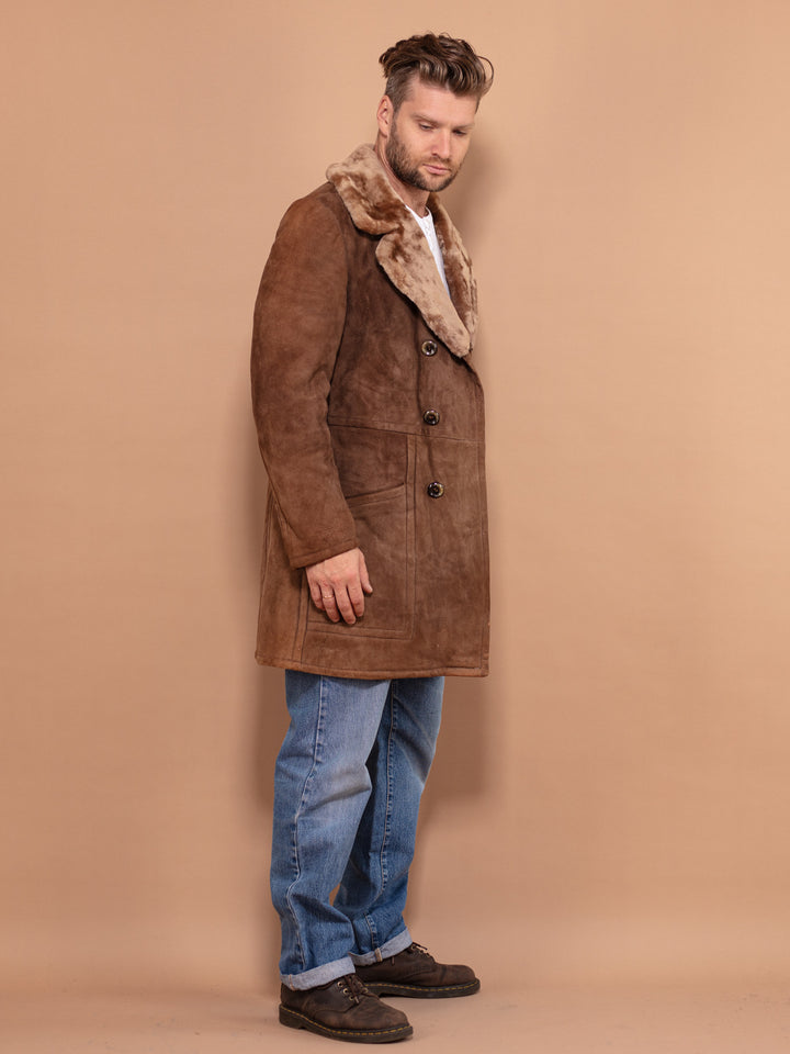 Men Sheepskin Coat, Size Medium M, Shearling Coat Men, 70s Vintage Coat, Winter Clothing, Brown Suede Coat, Vintage Overcoat, Cowboy Coat