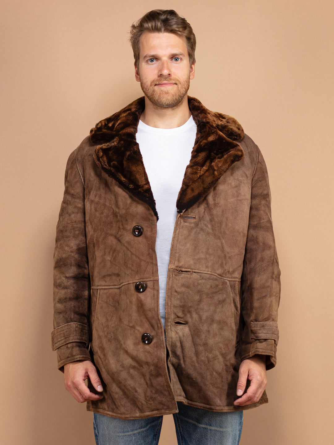 Shearling Men's Coat, Sheepskin Overcoat Large XL, Western Outerwear, Winter Suede Coat, Shearling Coat,  70's Men's Coat, Gift For Husband