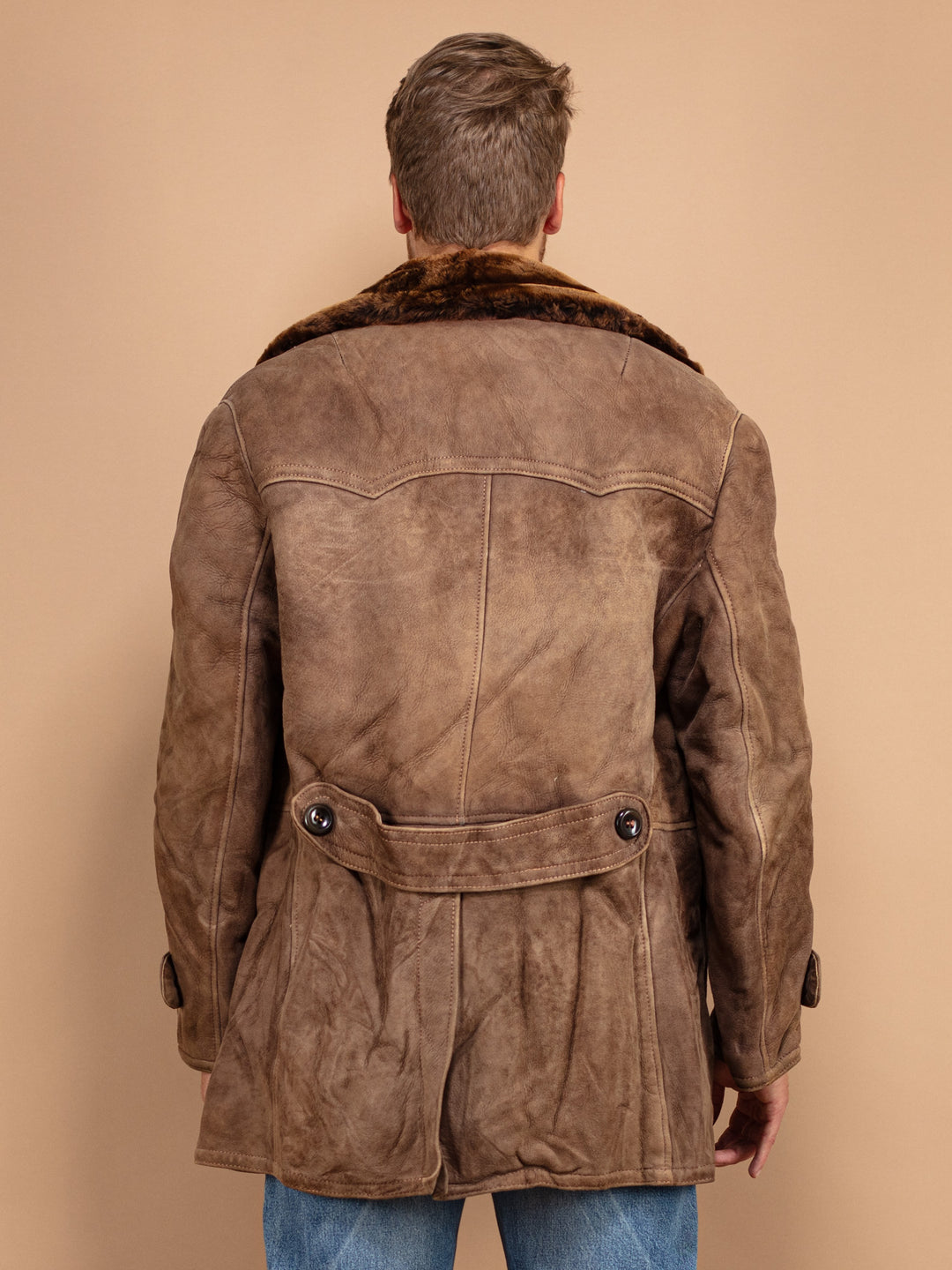 Shearling Men's Coat, Sheepskin Overcoat Large XL, Western Outerwear, Winter Suede Coat, Shearling Coat,  70's Men's Coat, Gift For Husband