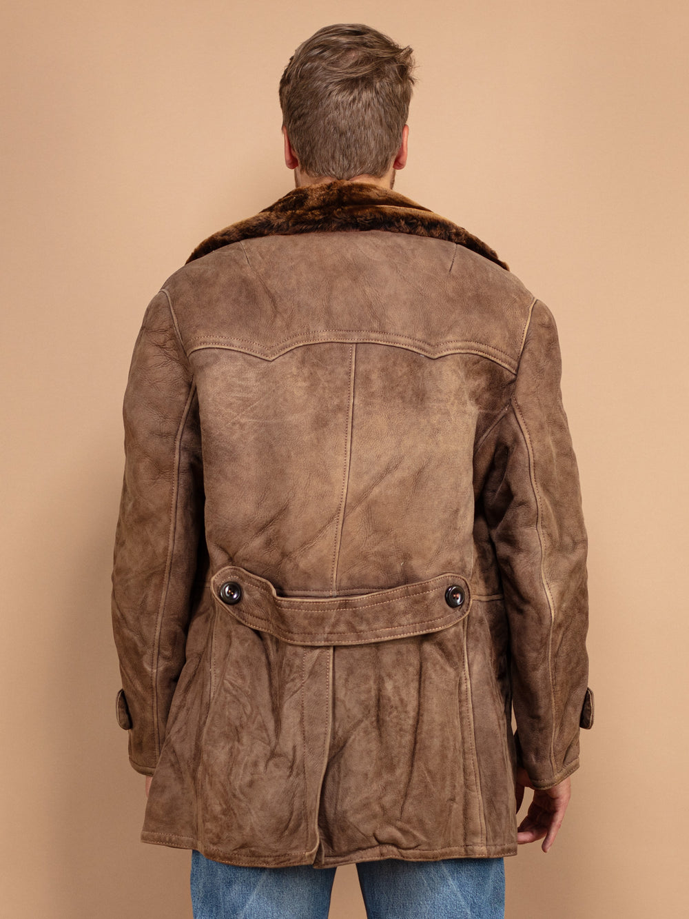 Vintage 70's Men Sheepskin Suede Coat in Brown - NorthernGrip