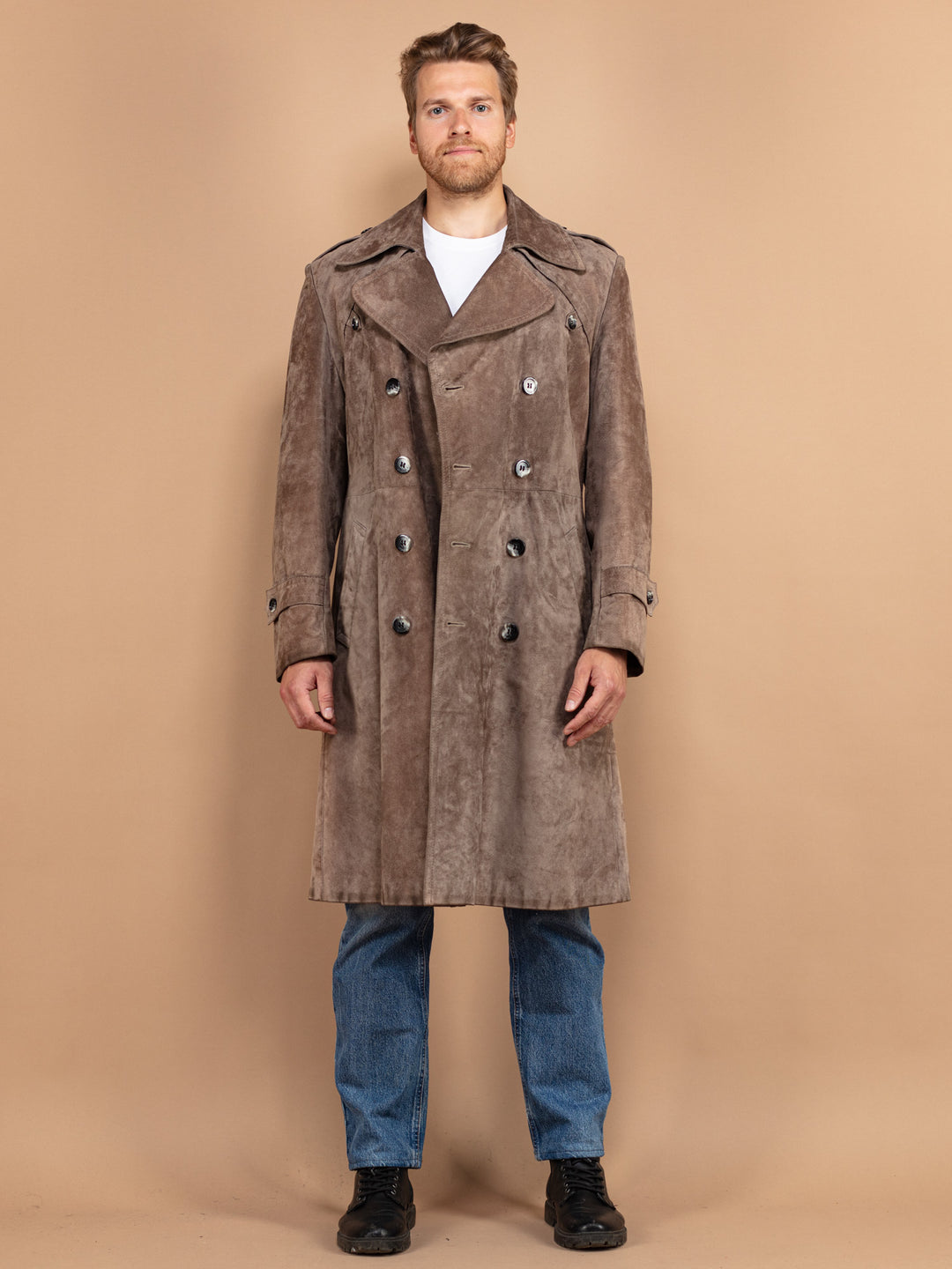 Brown Suede Coat 70's, Size Large XL, Vintage Trench Style Coat, Suede Coat Men, Minimalist Sleek Retro Coat, Western Coat, Vintage Clothing