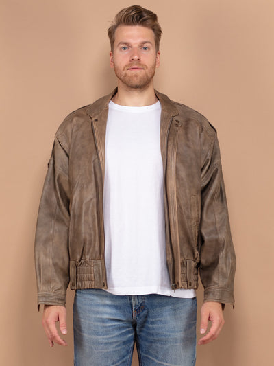 Distressed Leather Jacket 70's, Size Large L, Vintage Men Beige Leather Jacket, Moto Leather Jacket, Minimalist Street Biker Style Jacket