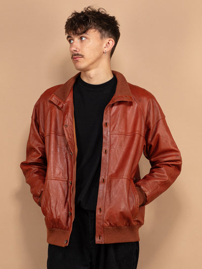 Leather Bomber Jacket 70's, Size Small S, Vintage Brown Leather Bomber Jacket, Retro Chic Leather Jacket, Casual Style Jacket, Men Outerwear