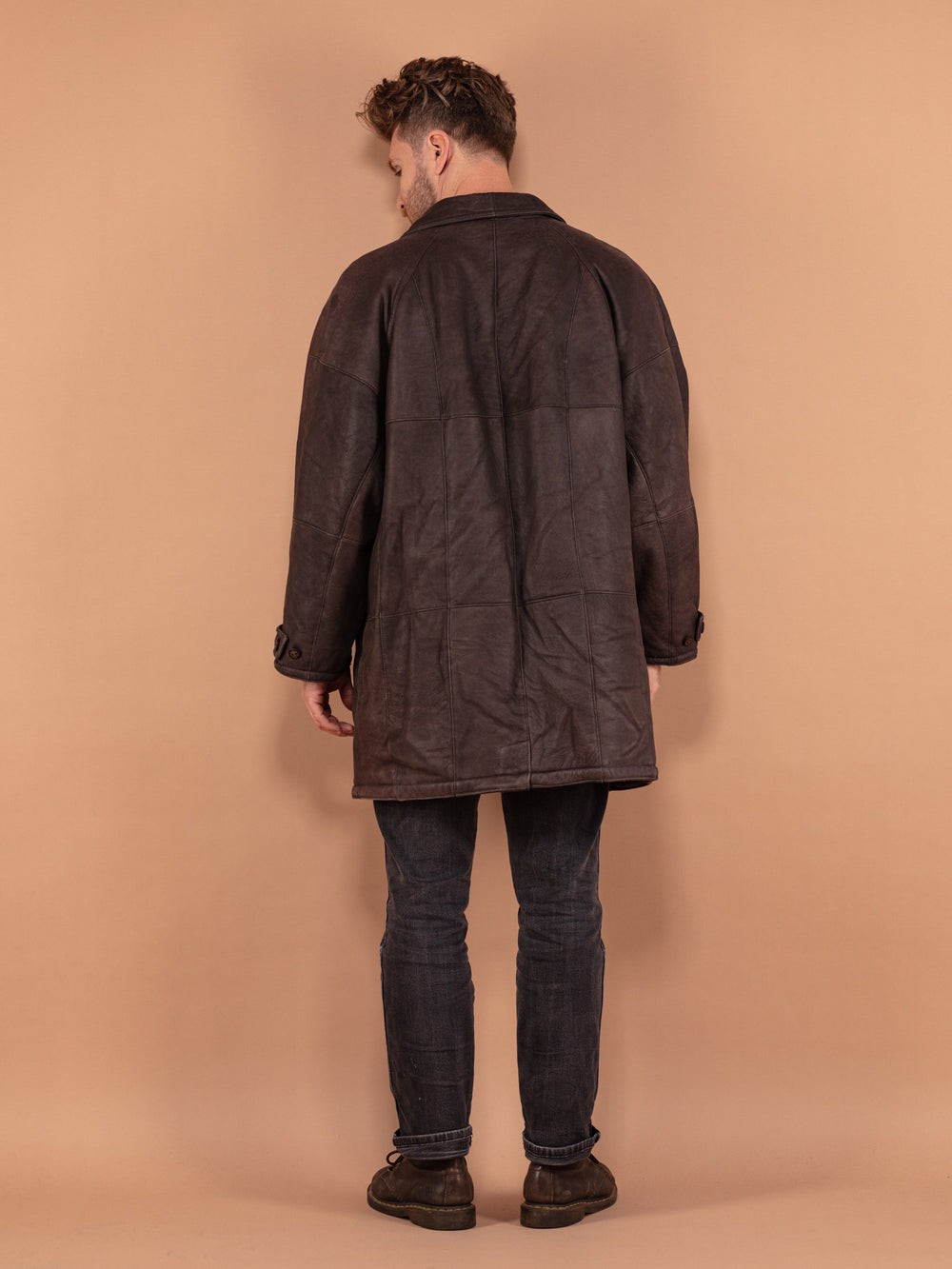 Vintage 80's Men Sheepskin Leather Coat in Brown - NorthernGrip