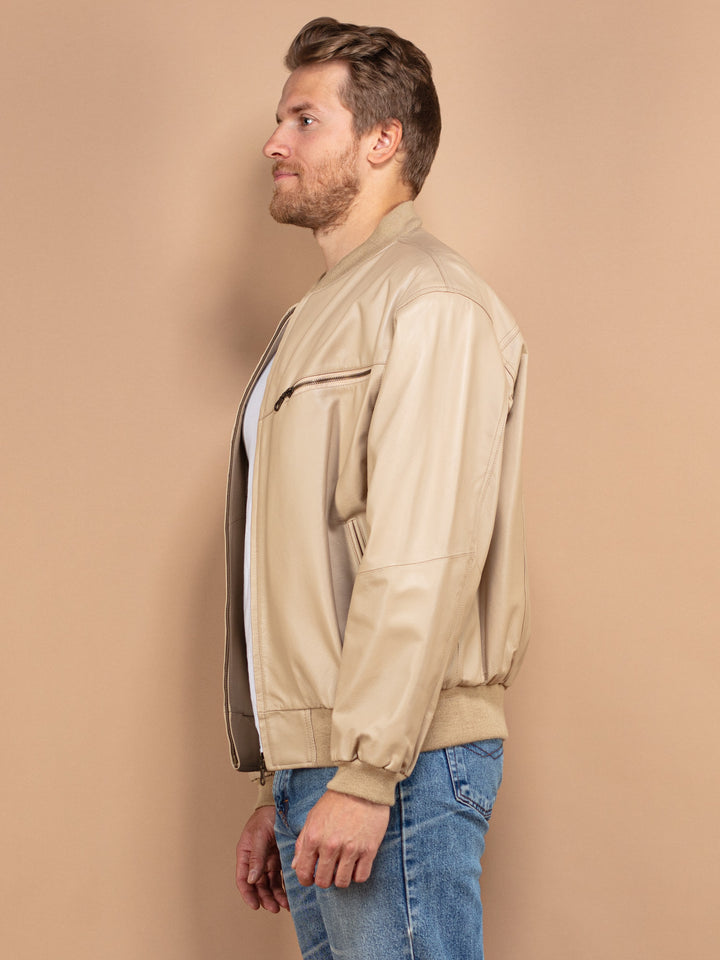 Leather Bomber Jacket 90's, Size Large L Beige Bomber Jacket, Beige Leather Jacket, Minimalist Jacket, Casual Leather Jacket, Men Outerwear
