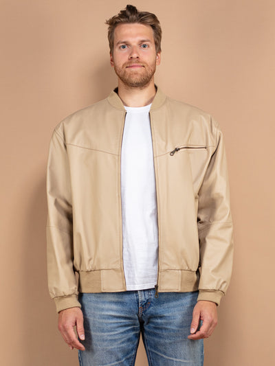 Leather Bomber Jacket 90's, Size Large L Beige Bomber Jacket, Beige Leather Jacket, Minimalist Jacket, Casual Leather Jacket, Men Outerwear