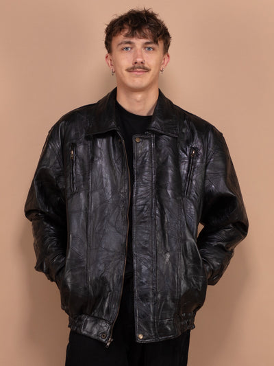 Leather Bomber Jacket 90's, Size Large XL Black Leather Jacket, Biker Style Jacket, Moto Leather Jacket, Sleek Leather Jacket, Men Outerwear