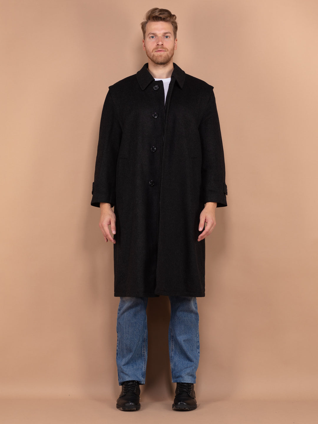 Wool Overcoat Men, Loden Coat In Black Size L, Vintage Wool Coat, Autumn Wool Coat, 1980s Coat, Minimalist Coat, Men Vintage Outerwear