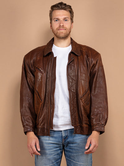 Moto Leather Jacket 80's, Size Large L, Vintage Men Brown Bomber Jacket, Moto Leather Jacket, Distressed Moto Leather Style Jacket