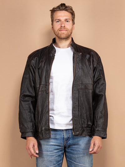 Vintage Leather Jacket 90's, Size Large XL Brown Leather Bomber, Brown Racer Jacket, Retro Sleek Leather Jacket, 90's Men Outerwear